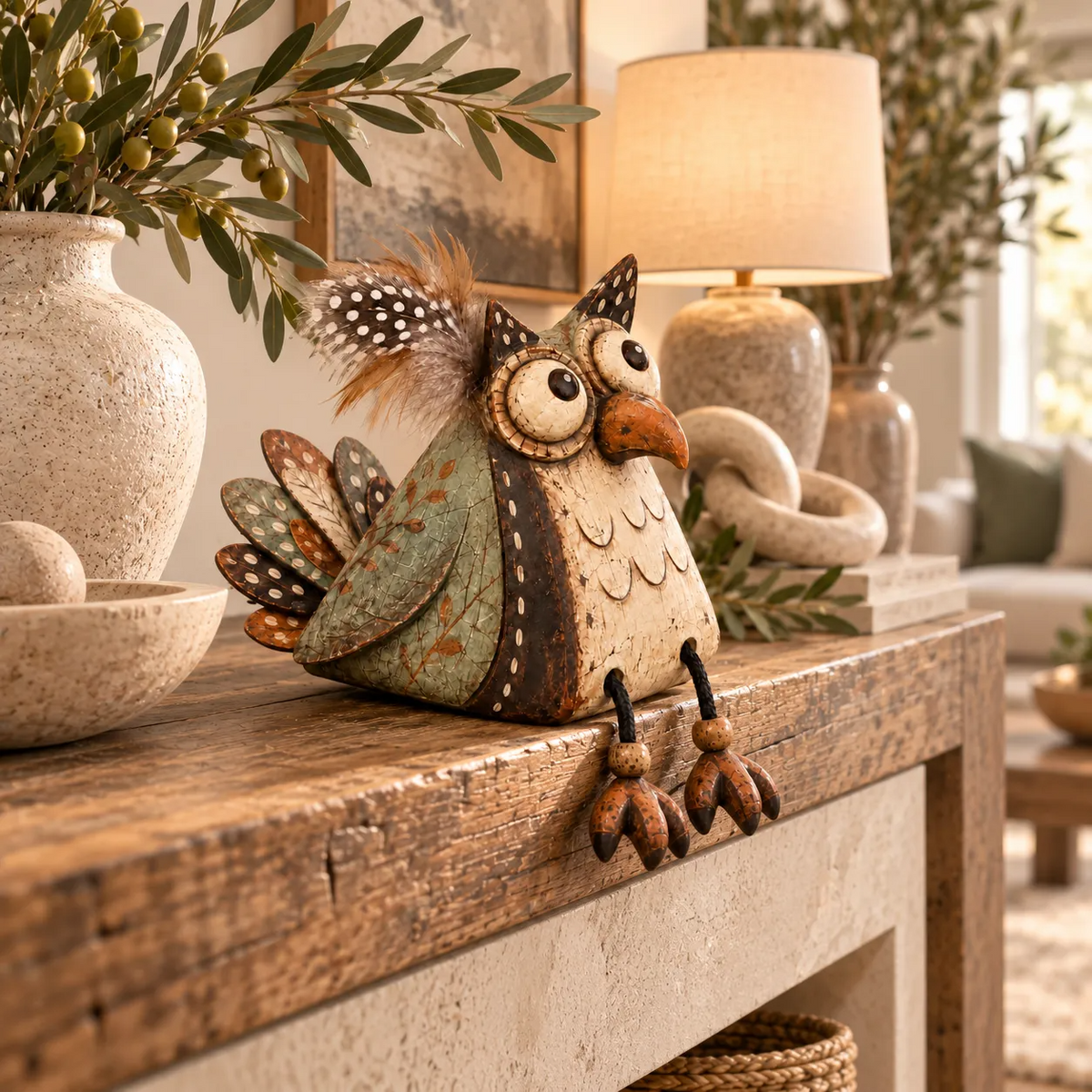 Rustieke speelse vintage uil als decoratie op een plank met bungelende poten.