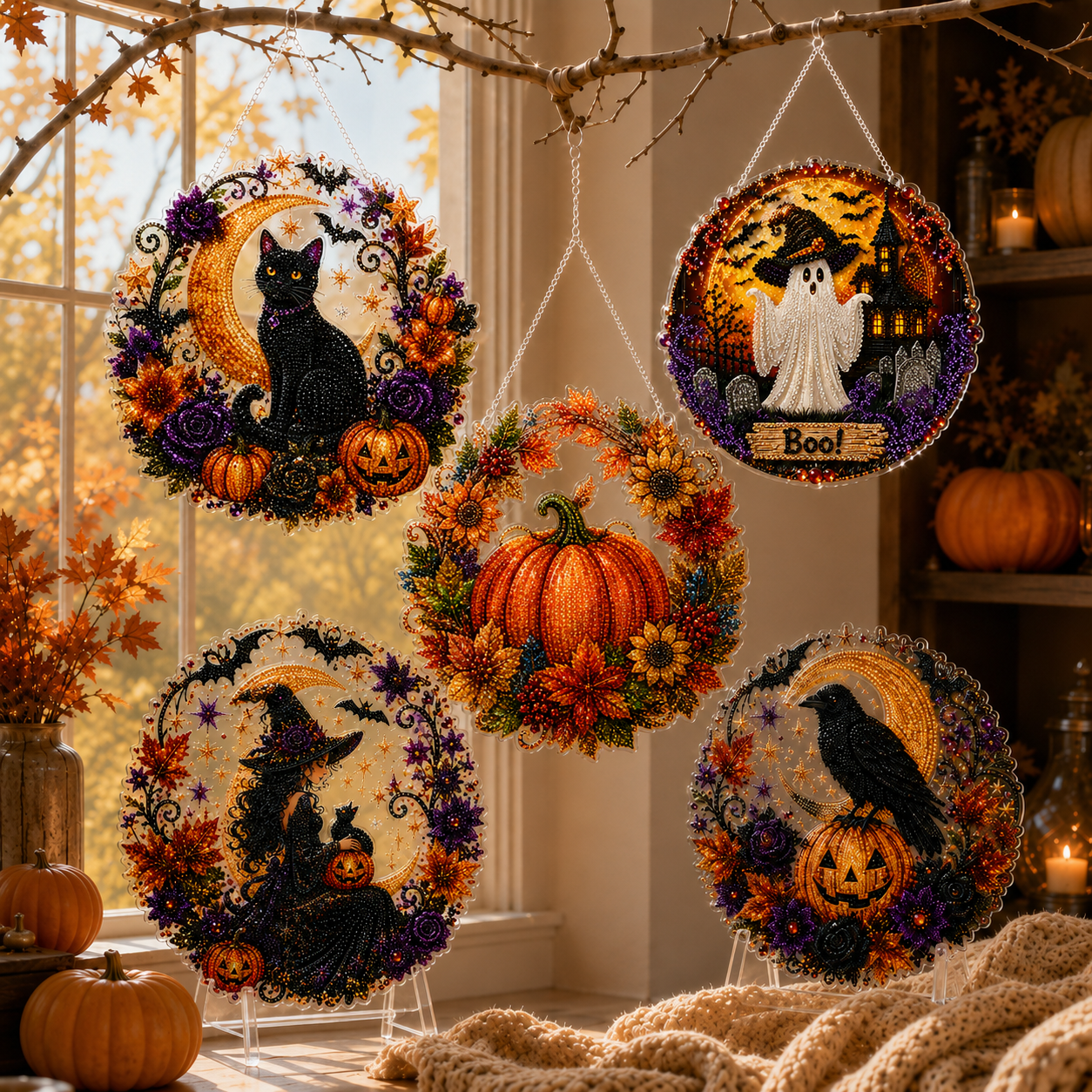 ✨🎃Halloween Zwarte Kat Maan Diamantkunst Hangende Ornament Kit👻