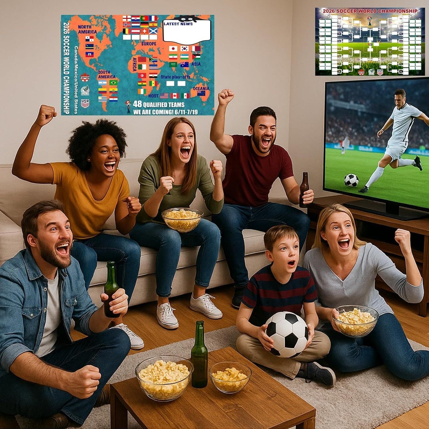 Poster met het speelschema van het WK 2026 en een overzicht van de 48 teams in de finaleronde
