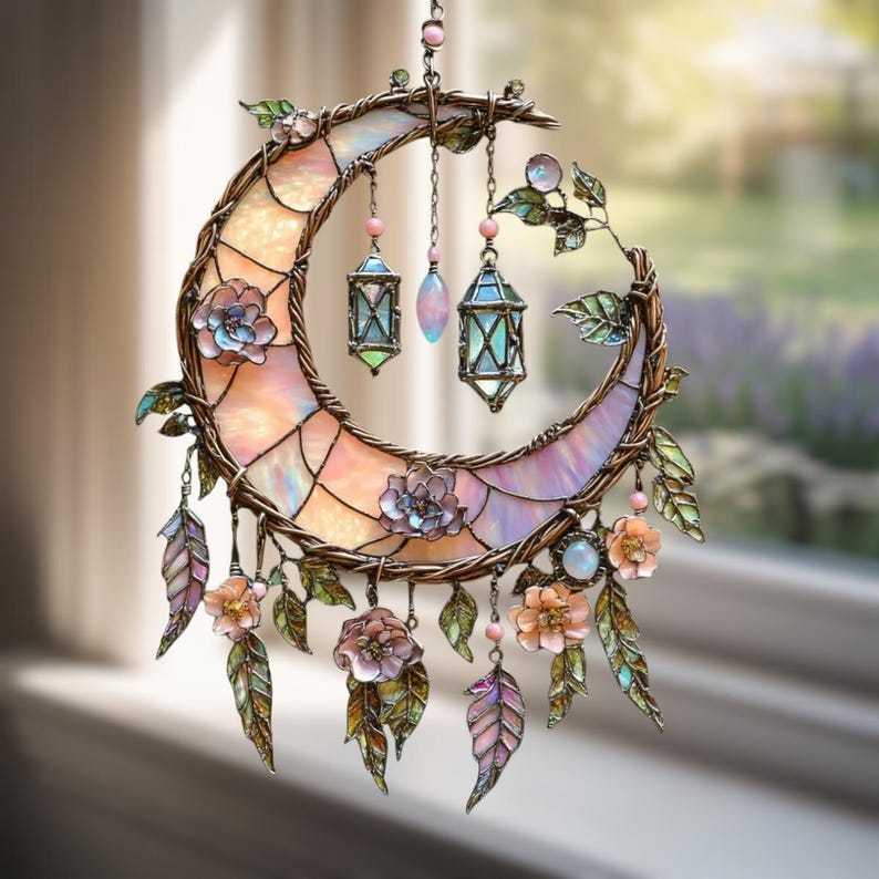 Handgeschilderde maan- en bloemenraamdecoratie💖