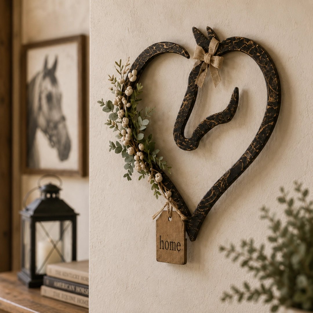 🐴Rustieke paardenhart wanddecoratie met groen – Landelijke paardensport woonaccessoire