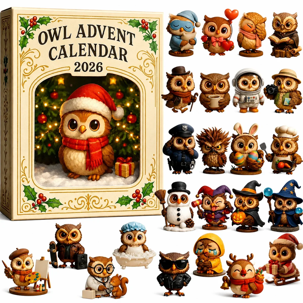 🦉Uilen Adventskalender 2026 – 24 dagen aftellen naar Kerstmis met verzamelbare uilenbeeldjes