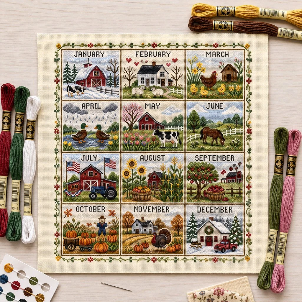 🧵 Een jaar in steken | 12-maanden seizoenskruissteekpakket 🌿