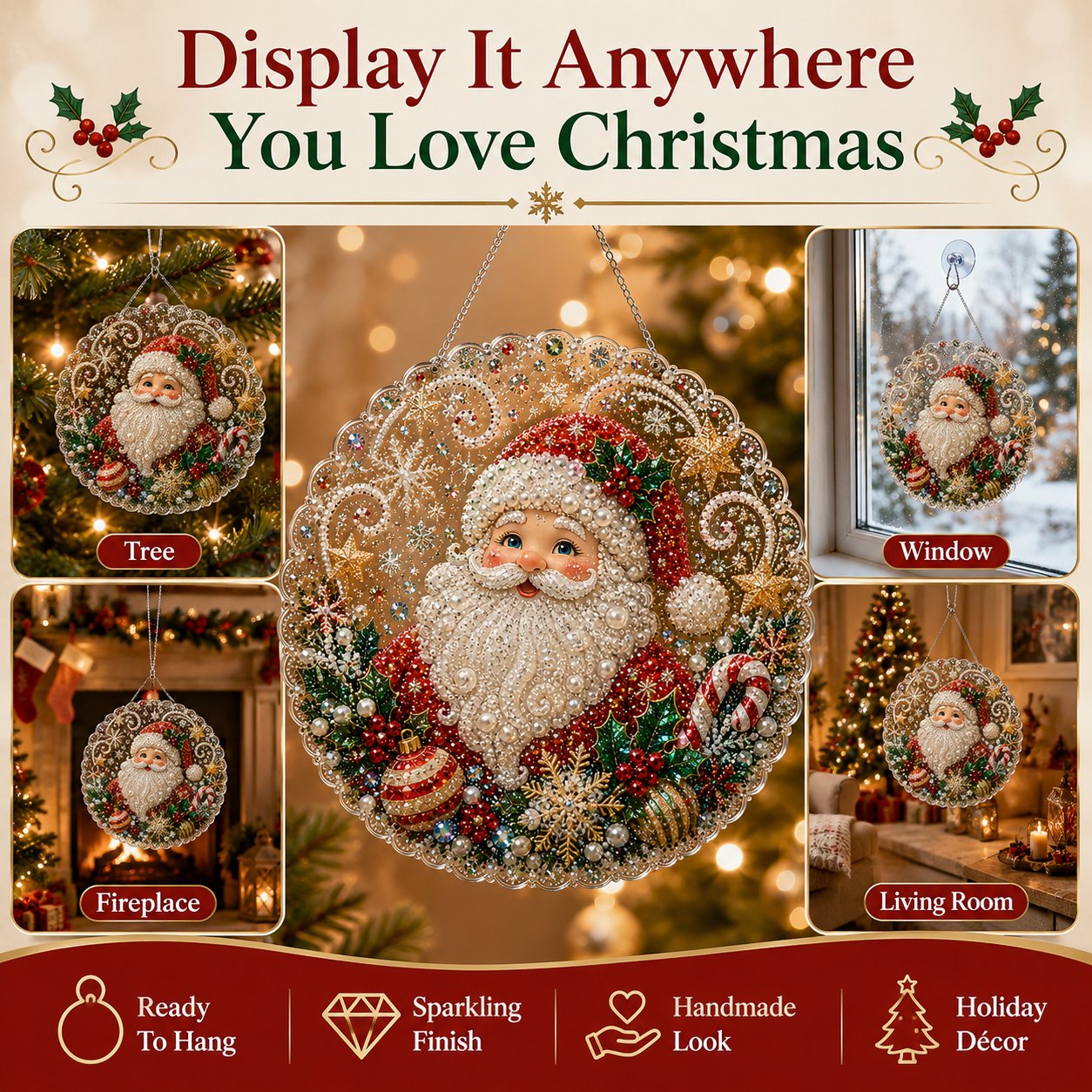 🎄Kerstversiering met parels en diamantjes | Luxe fluweelachtig canvas met krasbestendige, kleurechte parelkralen | DIY handgemaakte kerstdecoratie om op te hangen 🎅💎