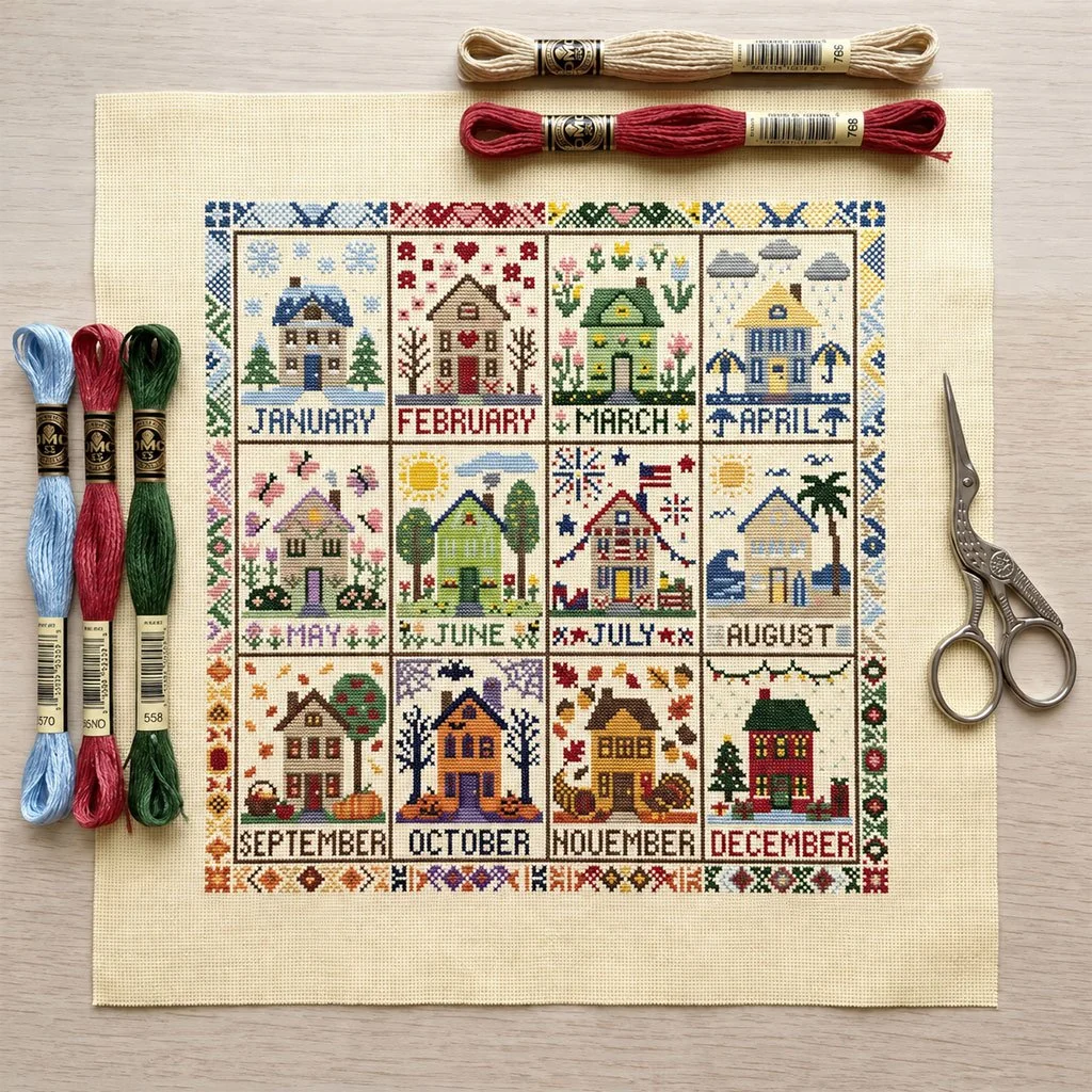 🧵 Een jaar in steken | 12-maanden seizoenskruissteekpakket 🌿