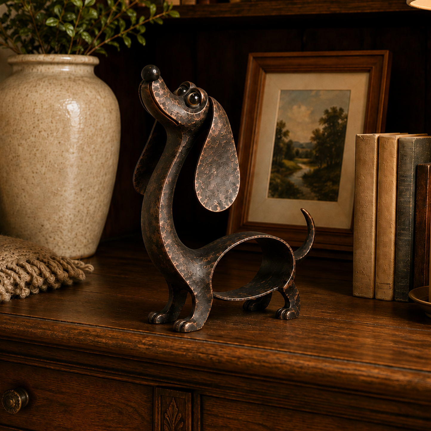 🐾Speelse teckelsculptuur – Antiek geïnspireerde hondendecoratie en cadeau🐶