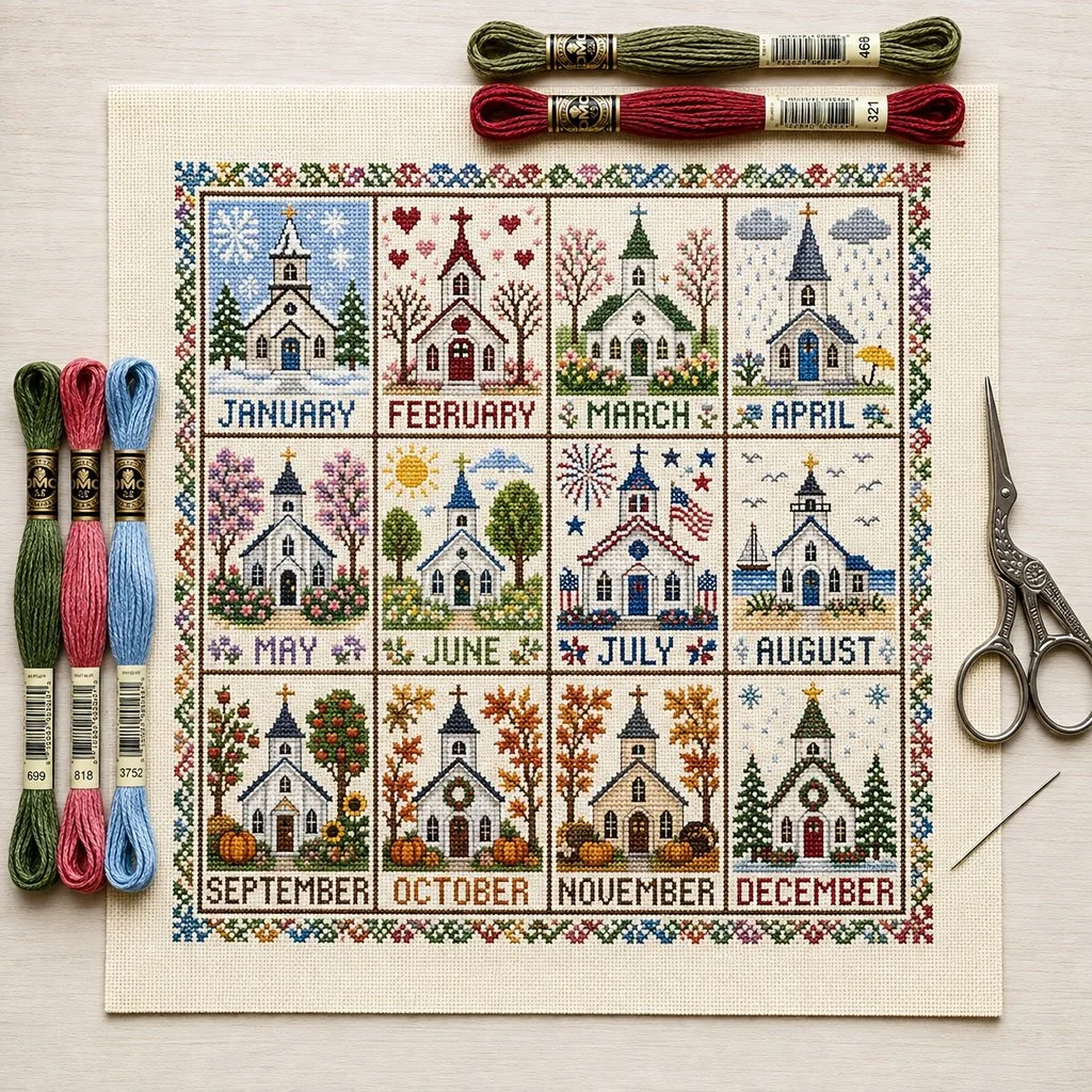🧵 Een jaar in steken | 12-maanden seizoenskruissteekpakket 🌿