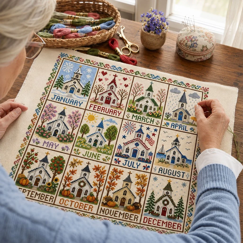 🧵 Een jaar in steken | 12-maanden seizoenskruissteekpakket 🌿
