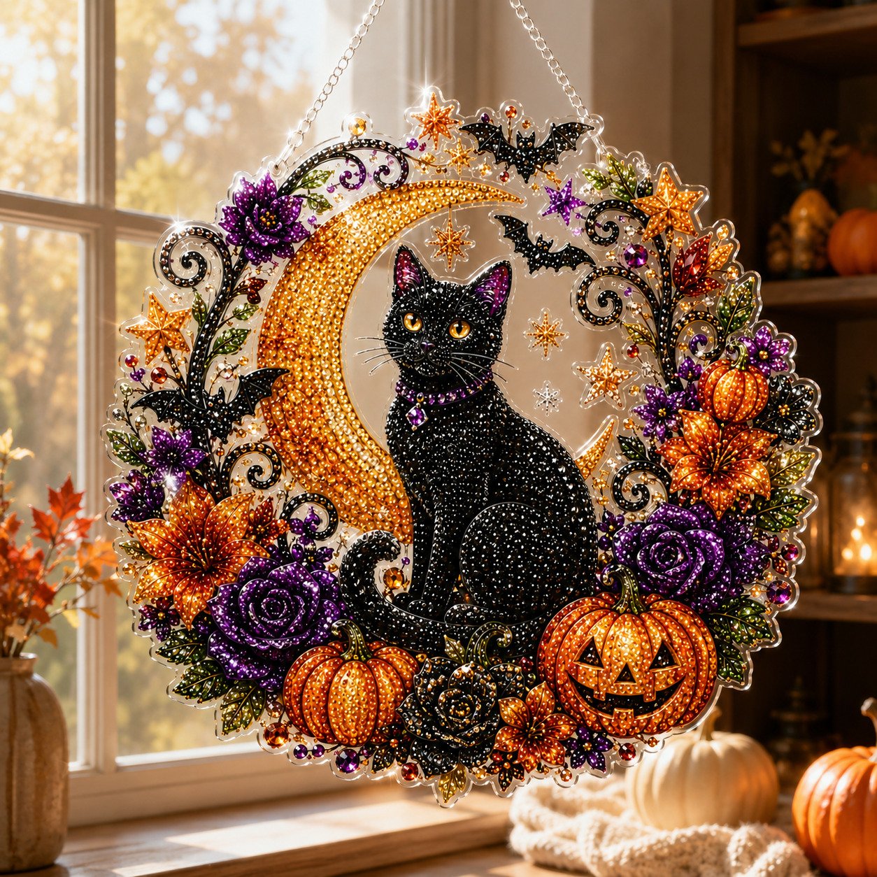 ✨🎃Halloween Zwarte Kat Maan Diamantkunst Hangende Ornament Kit👻