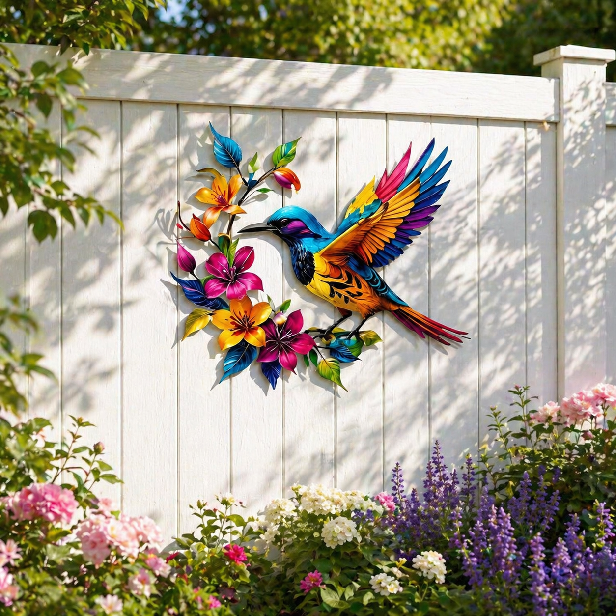 Metalen wanddecoratie met bloeiende kolibrie