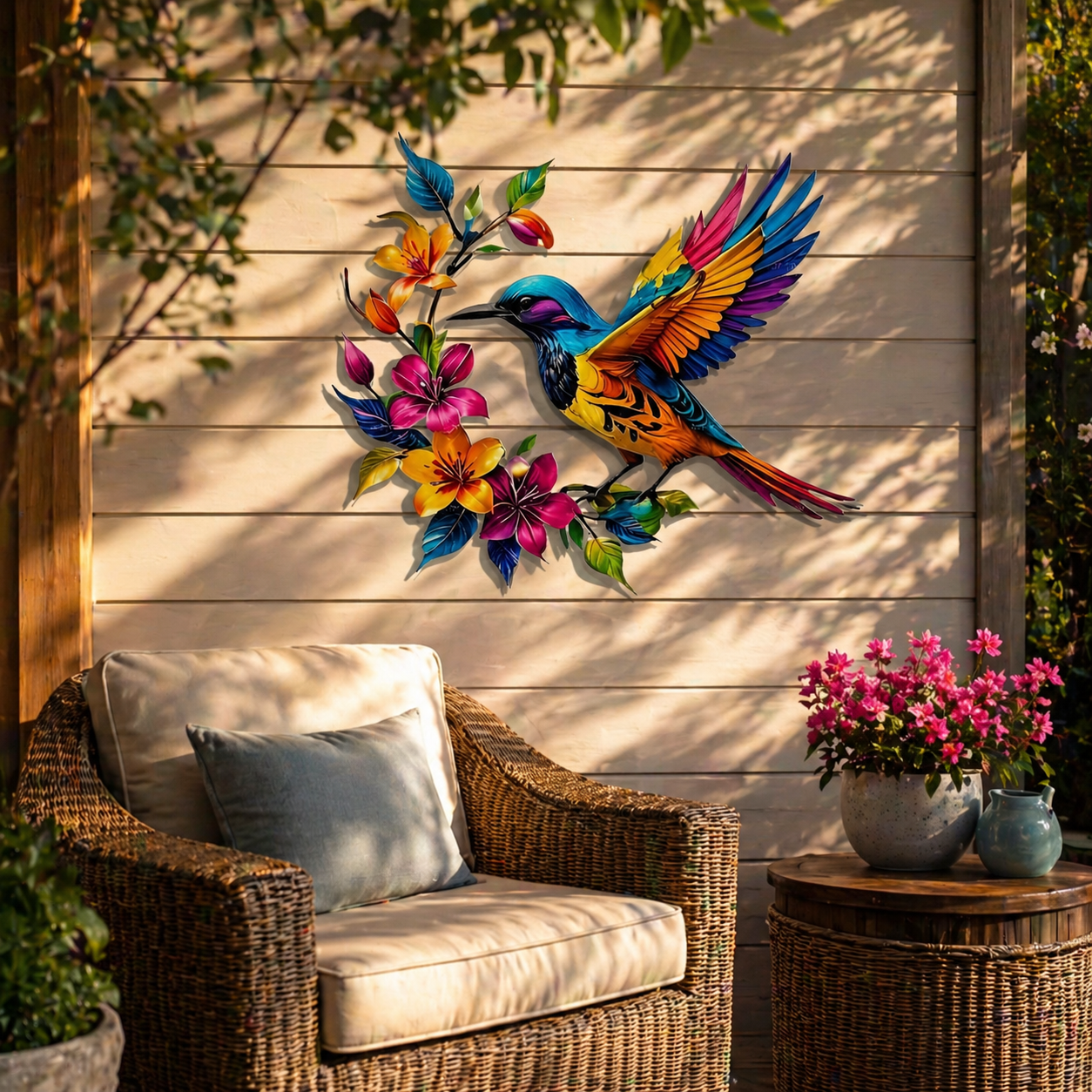 Metalen wanddecoratie met bloeiende kolibrie