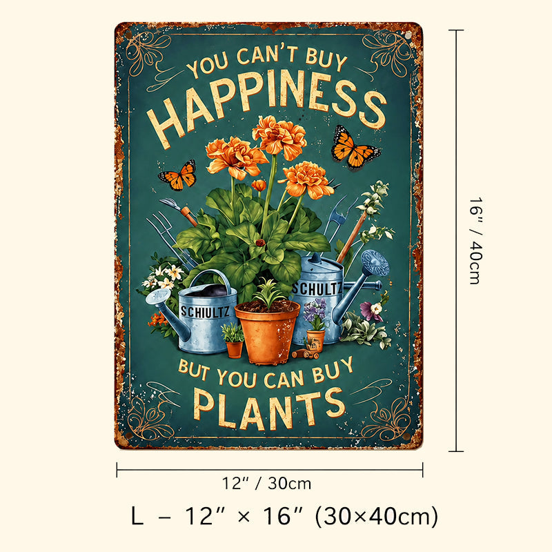 Vintage metalen tuinbord met de tekst "Je kunt geen geluk kopen, maar wel planten".
