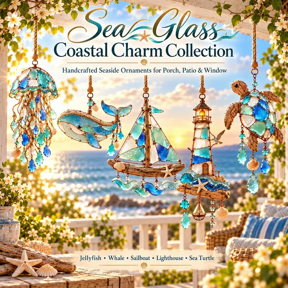 🌊✨ Zeeglas kustbedeltjes – Handgemaakte oceaan raamhangers en hangende ornamenten collectie