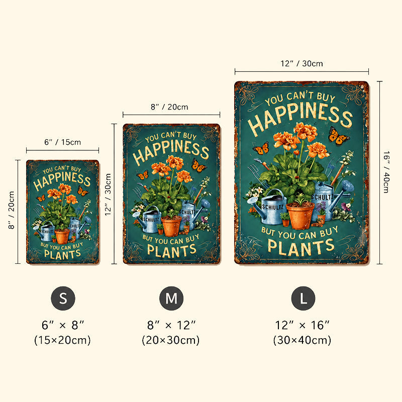Vintage metalen tuinbord met de tekst "Je kunt geen geluk kopen, maar wel planten".