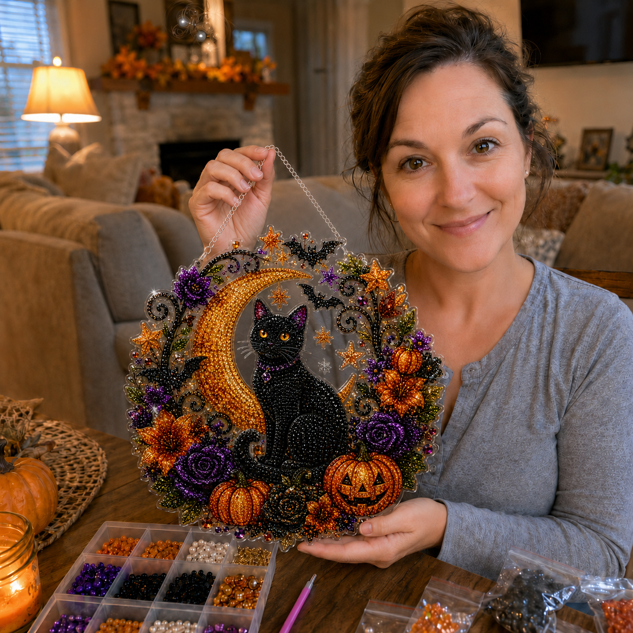 ✨🎃Halloween Zwarte Kat Maan Diamantkunst Hangende Ornament Kit👻