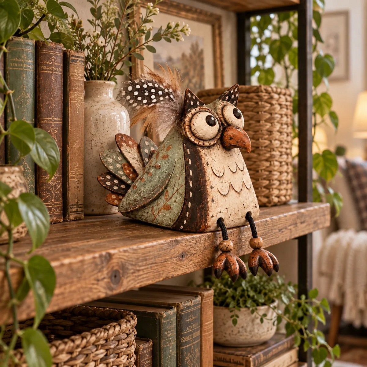 Rustieke speelse vintage uil als decoratie op een plank met bungelende poten.