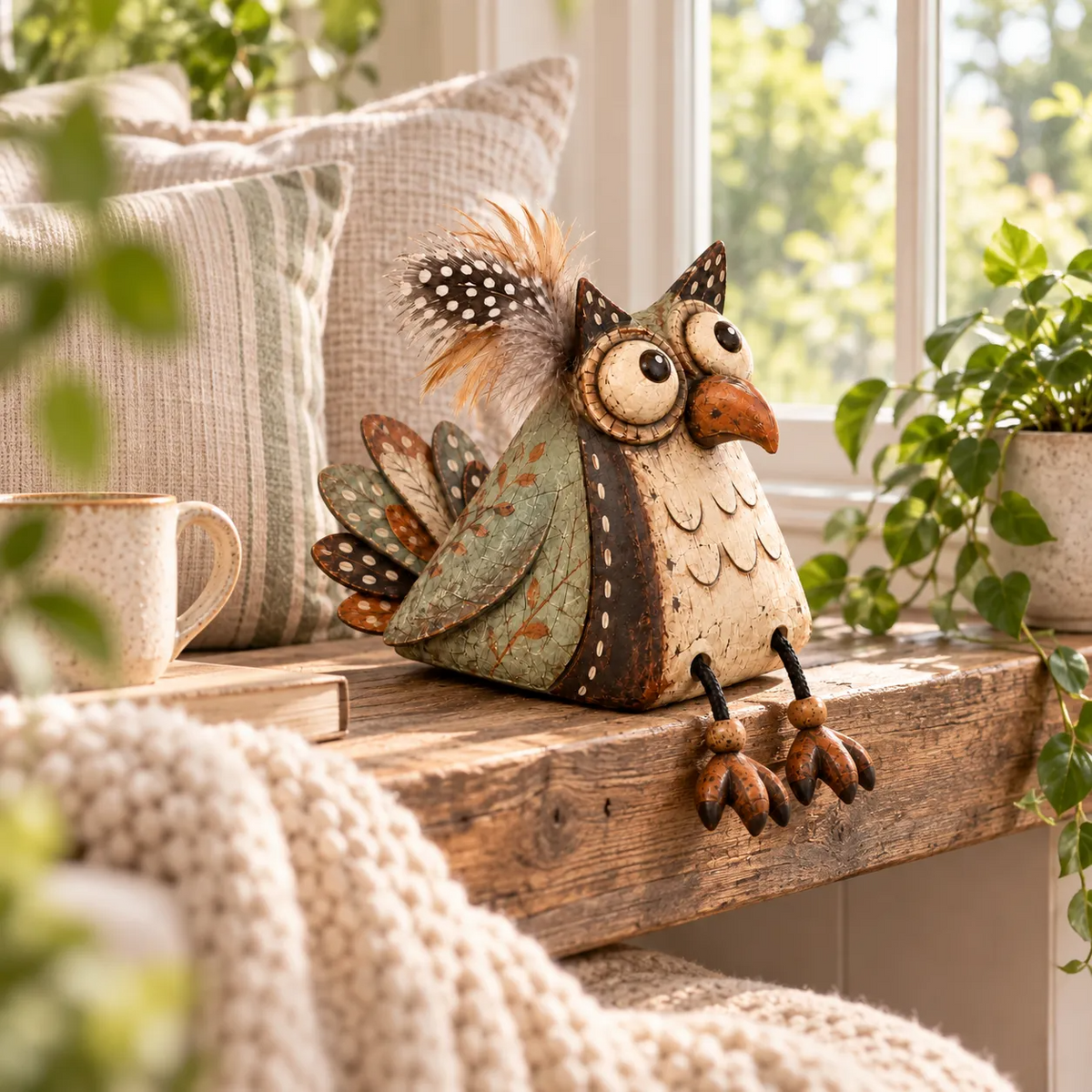 Rustieke speelse vintage uil als decoratie op een plank met bungelende poten.