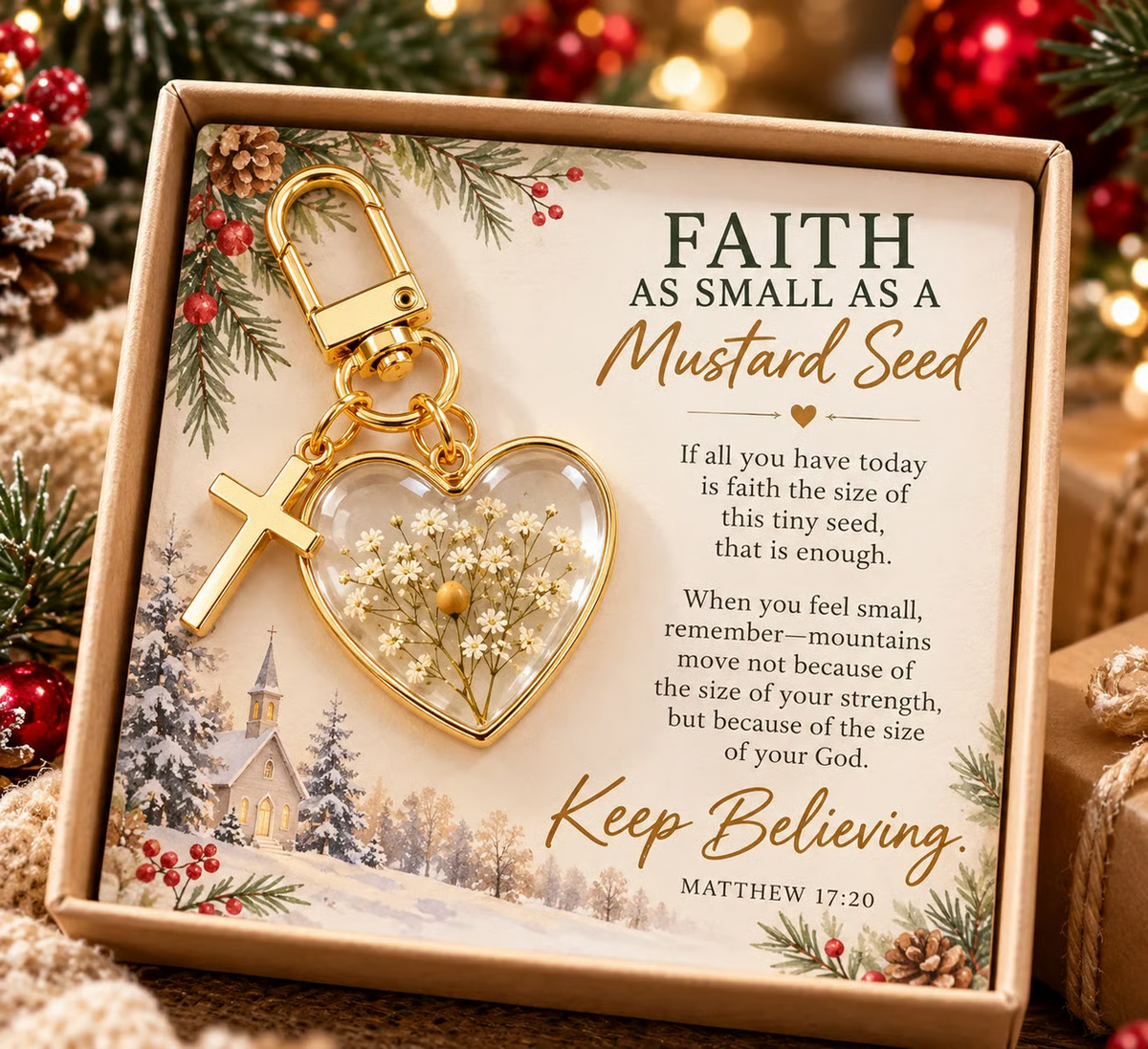 ✝️ Sleutelhanger met mosterdzaadje en geloofssymbool — Blijf geloven