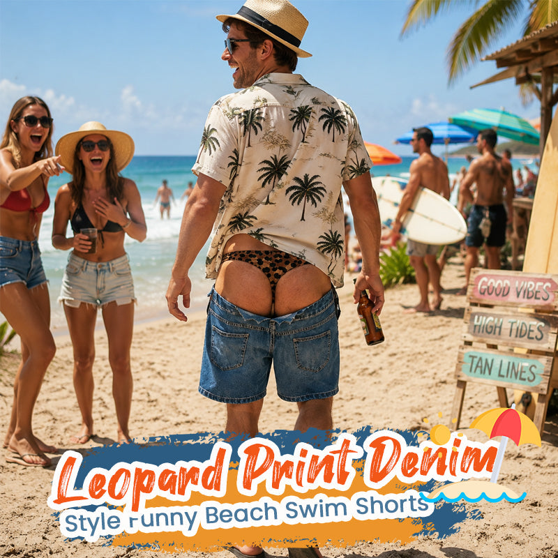 Grappige zwembroek van imitatiedenim met luipaardprint | Opvallende illusie-strandbroek