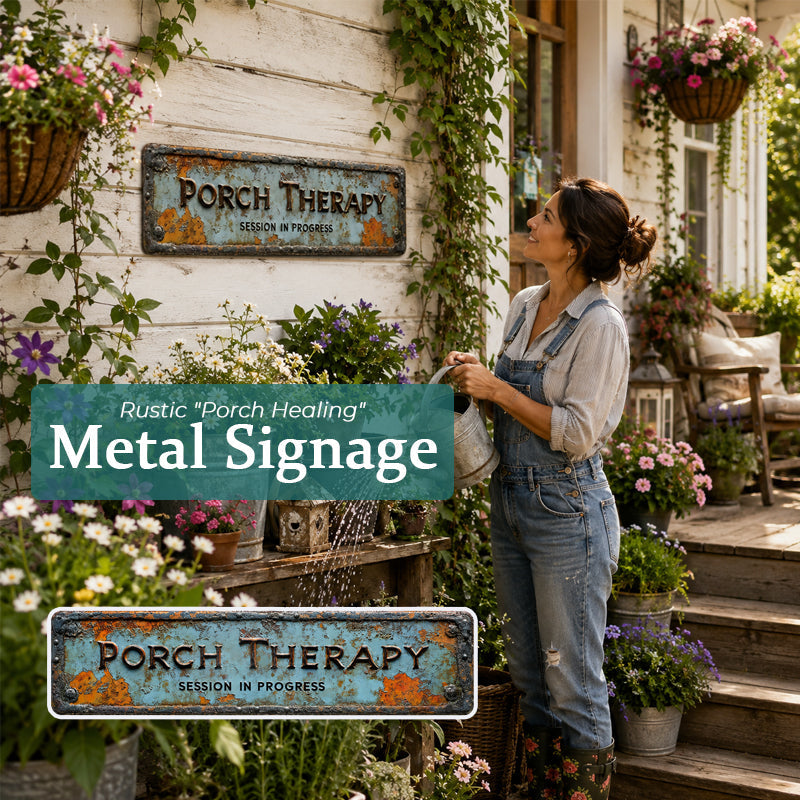 🌿 Metalen bord 'Porch Therapy' – Rustieke vintage wanddecoratie voor veranda, tuin en landelijke charme 🏡