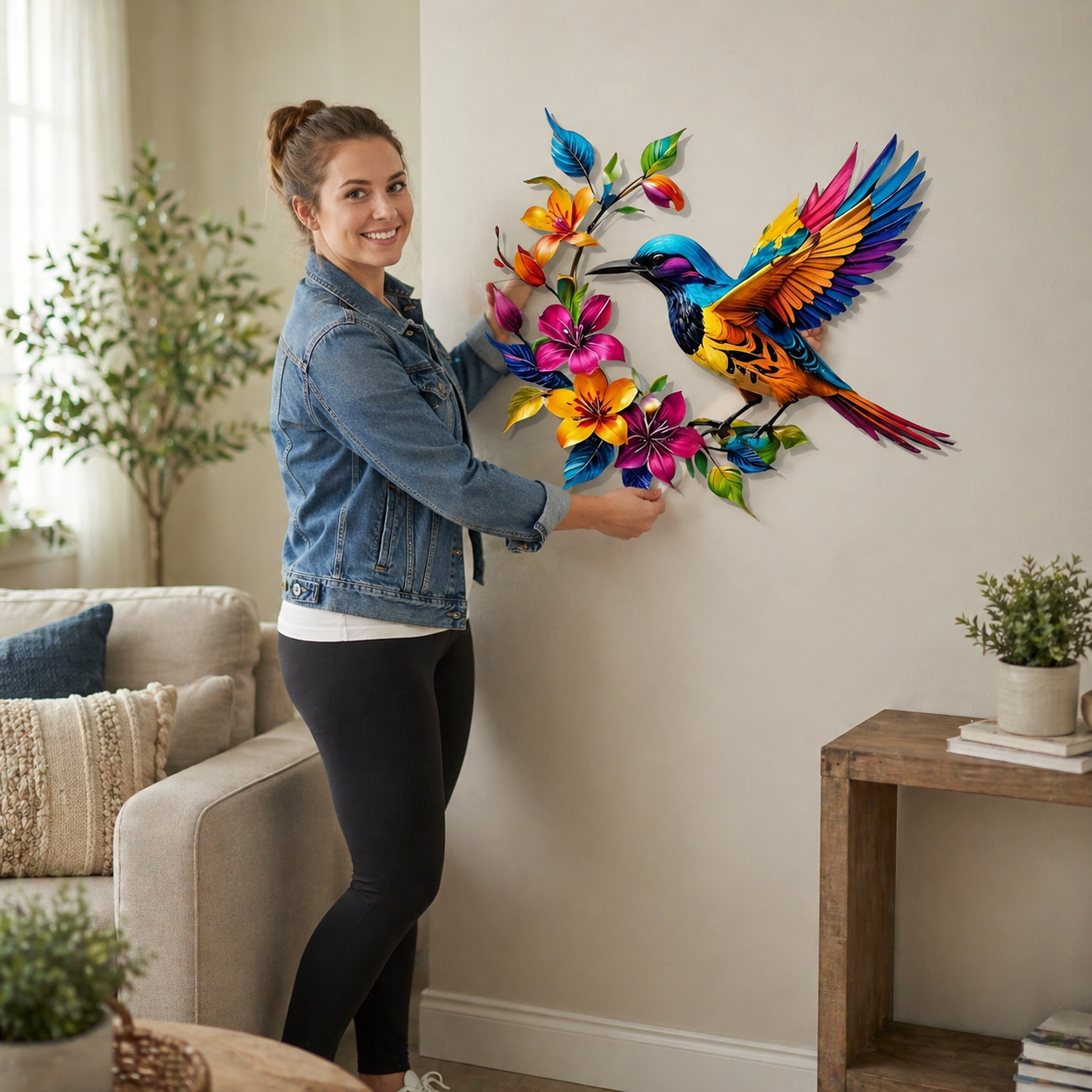 Metalen wanddecoratie met bloeiende kolibrie