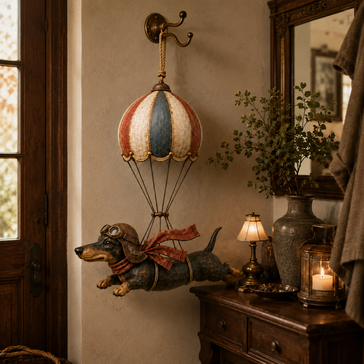 Vintage decoratie met een vliegende teckel in een heteluchtballon