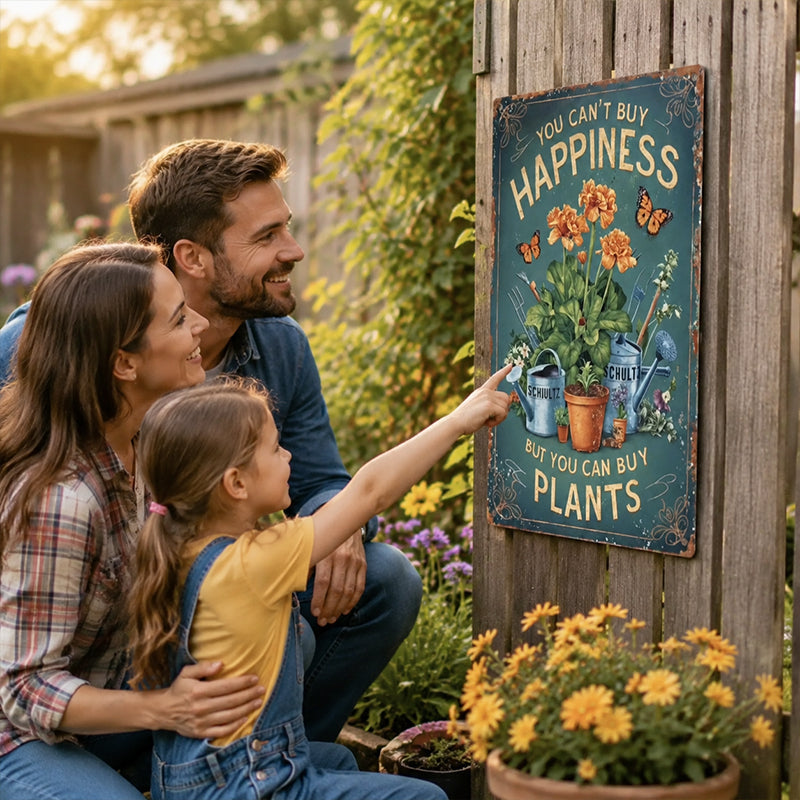 Vintage metalen tuinbord met de tekst "Je kunt geen geluk kopen, maar wel planten".