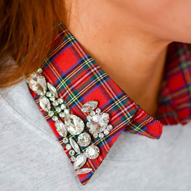 🎄 ✨Rode kerst geruite afneembare kraag met strass