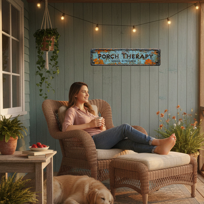 🌿 Metalen bord 'Porch Therapy' – Rustieke vintage wanddecoratie voor veranda, tuin en landelijke charme 🏡