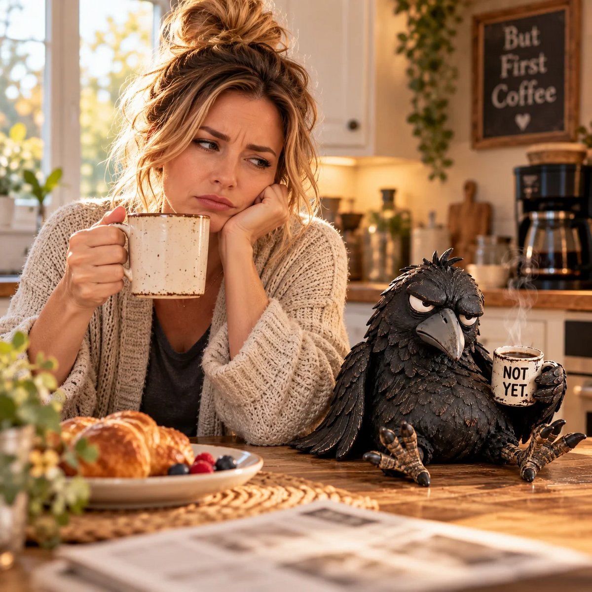 ☕😂 Brommerige Koffieraaf beeldje — Grappige ochtenddecoratie voor koffieliefhebbers