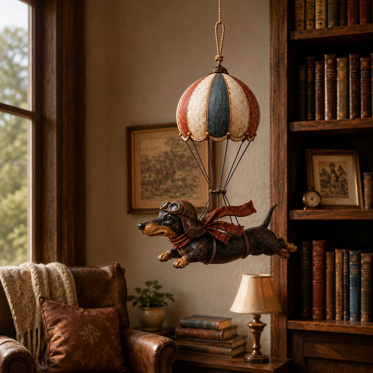 Vintage decoratie met een vliegende teckel in een heteluchtballon