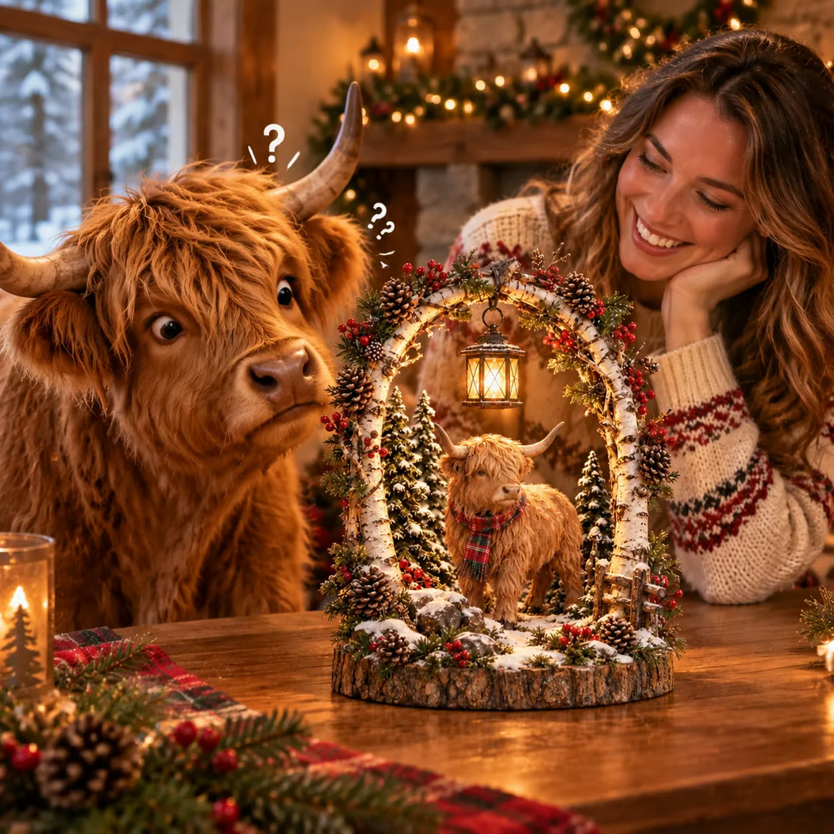 Kerstlantaarn met Schotse hooglandkoe-motief 🎄 – Rustieke verlichte tafeldecoratie in boerderijstijl voor de winter 🎁