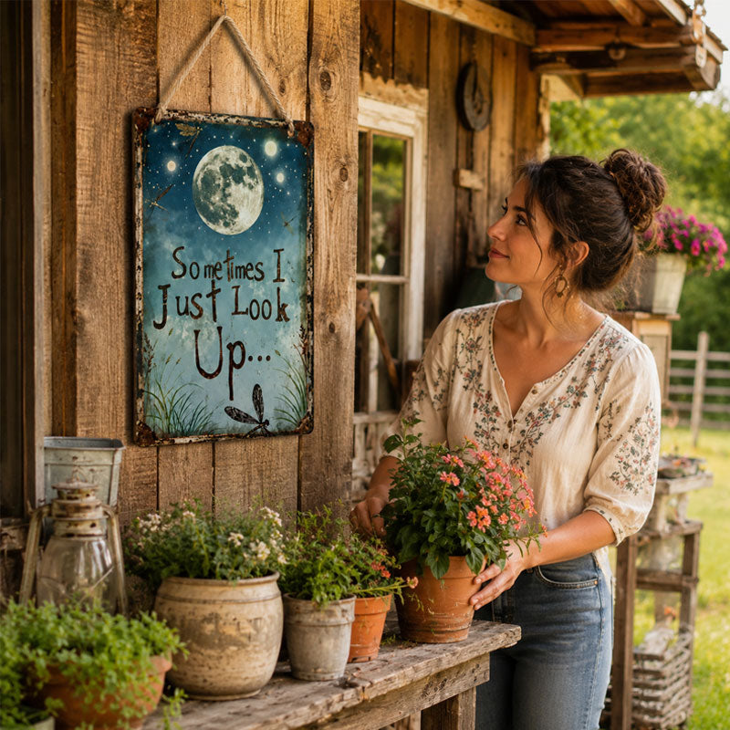 Retro metalen bord met nachtelijke hemel – “Soms kijk ik gewoon omhoog…” Inspirerende wanddecoratie