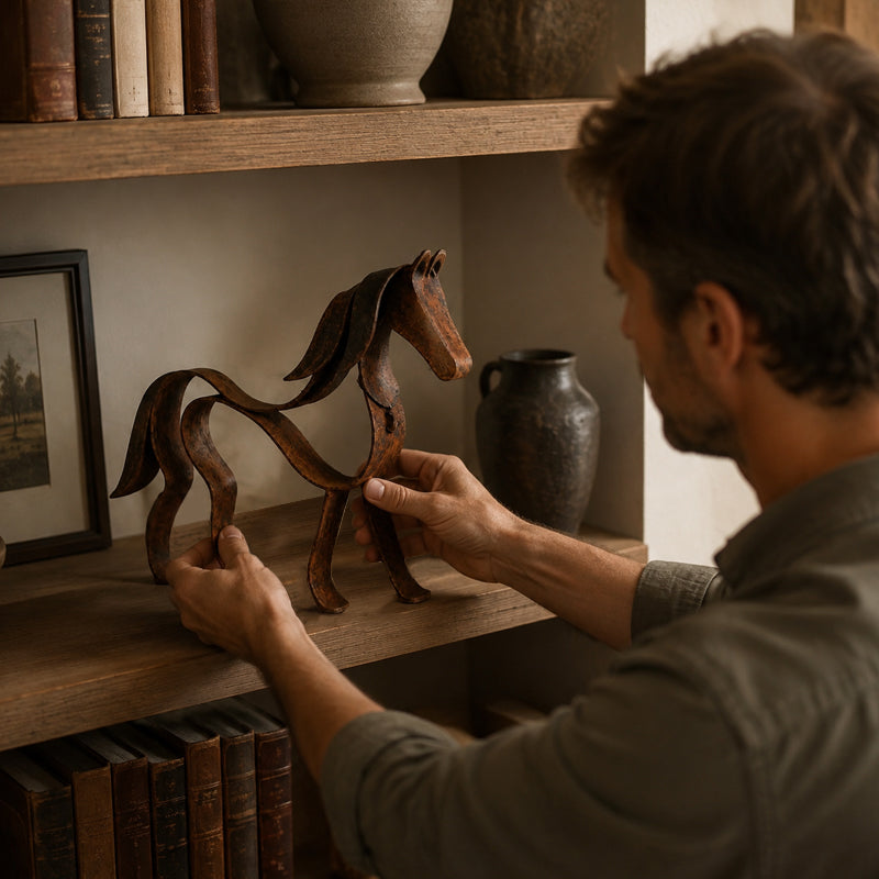 Vintage metalen paardensculptuur – Rustieke paardensportdecoratie voor in huis 🐎