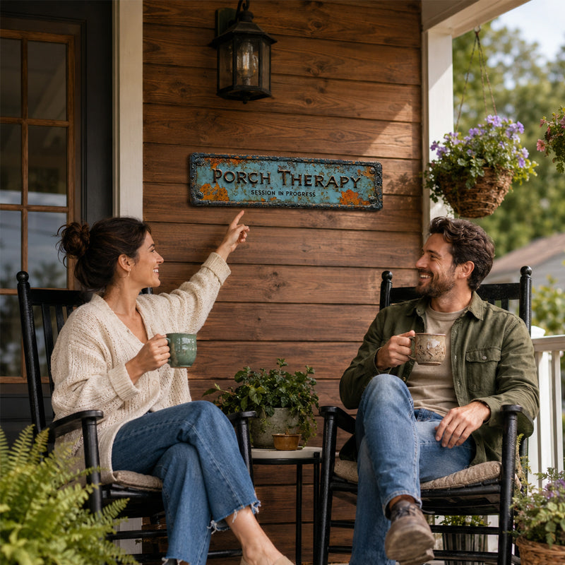 🌿 Metalen bord 'Porch Therapy' – Rustieke vintage wanddecoratie voor veranda, tuin en landelijke charme 🏡