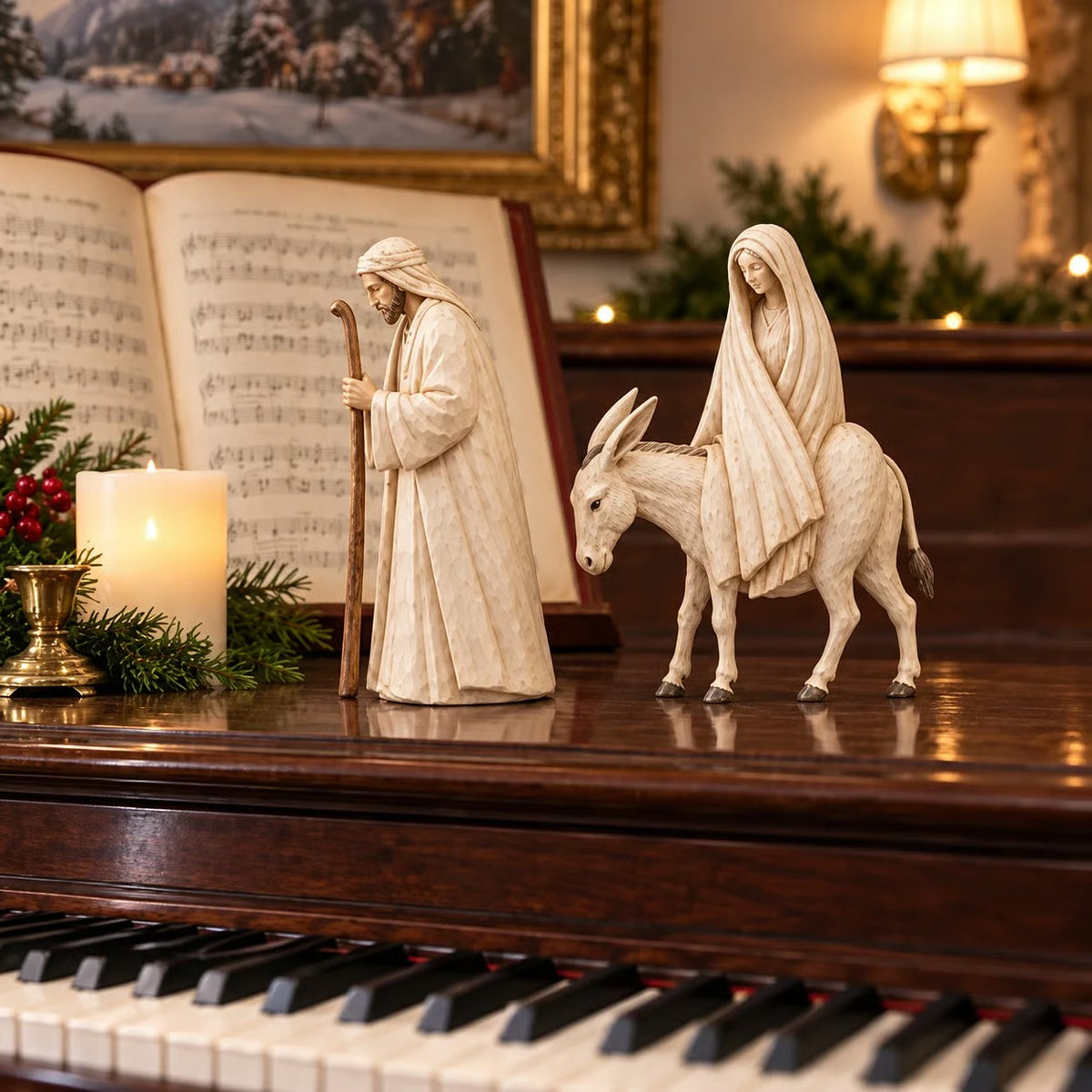 Kerstdecoratie met de titel "Heilige Reis" en "Kerststalbeeldjes" - Jozef en Maria op een ezel.