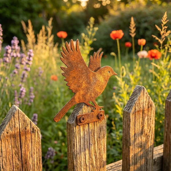 5-delige levensechte roestige metalen vogelsilhouetten als tuindecoratie