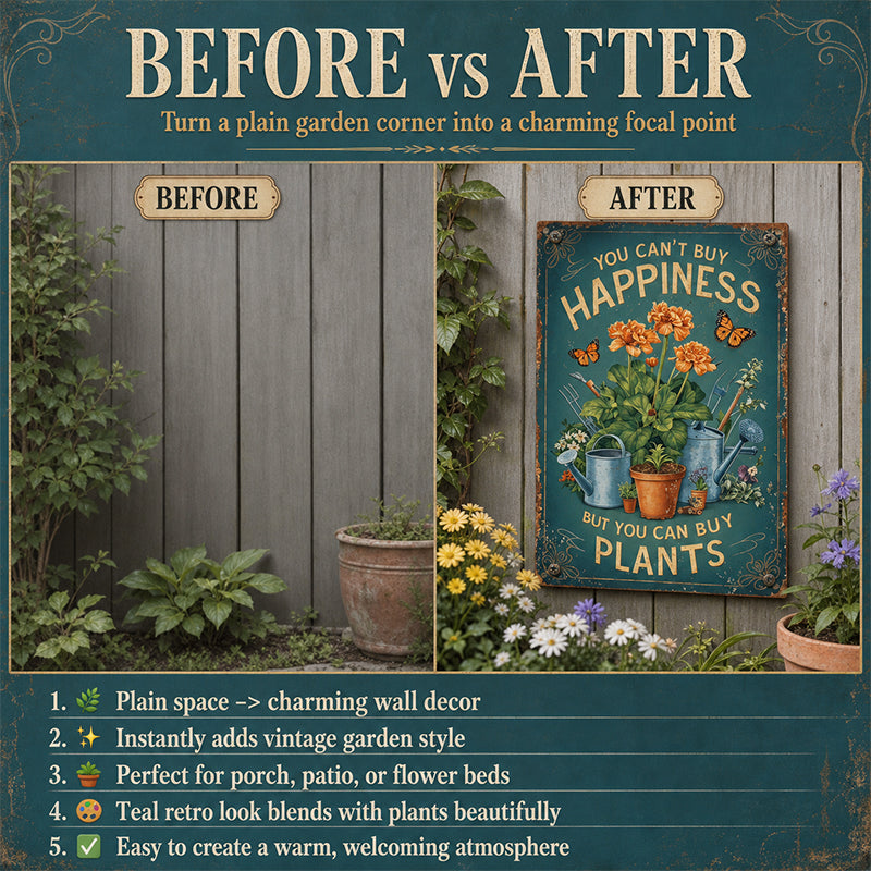Vintage metalen tuinbord met de tekst "Je kunt geen geluk kopen, maar wel planten".
