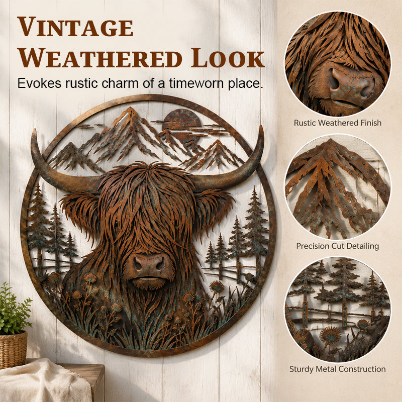 Metalen wanddecoratie met Schotse hooglandkoeien en berglandschap