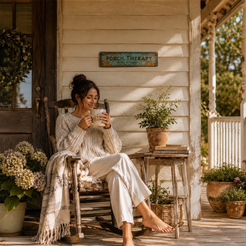 🌿 Metalen bord 'Porch Therapy' – Rustieke vintage wanddecoratie voor veranda, tuin en landelijke charme 🏡