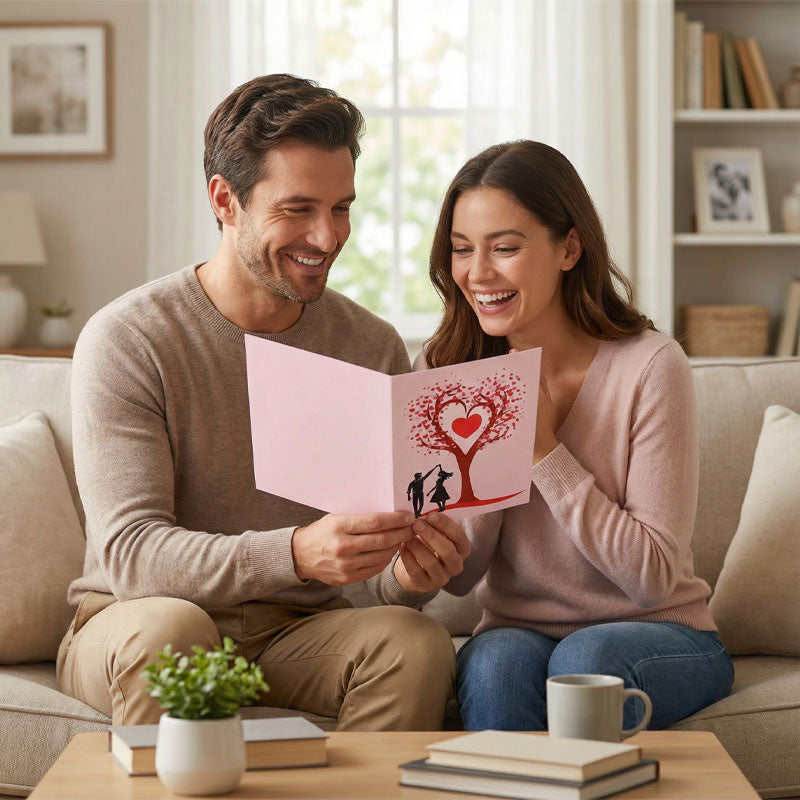 Romantische 3D-wenskaart "Dansen onder de hartboom"