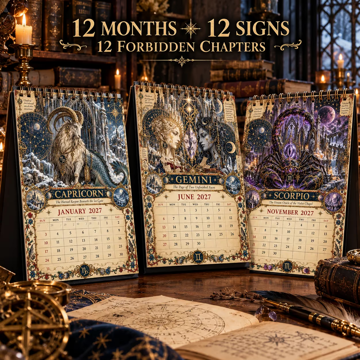 🔮 Bureaukalender met dierenriemtekens voor 2027 | 12 middeleeuws geïnspireerde dierenriemtekeningen voor liefhebbers van astrologie en gotische kunst ✨