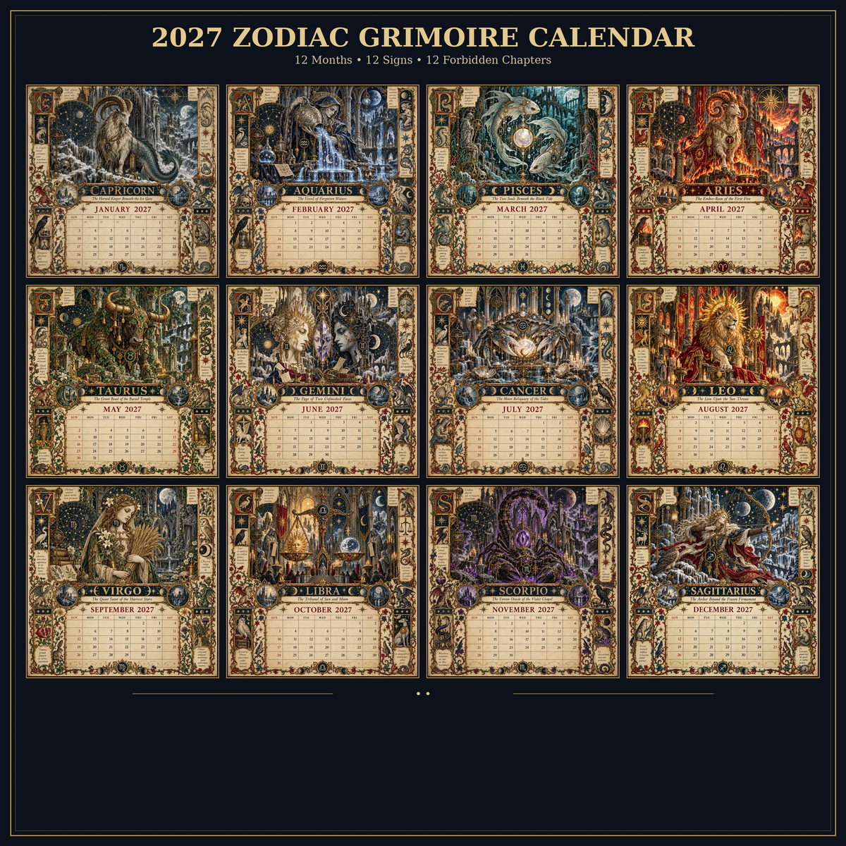 🔮 Bureaukalender met dierenriemtekens voor 2027 | 12 middeleeuws geïnspireerde dierenriemtekeningen voor liefhebbers van astrologie en gotische kunst ✨