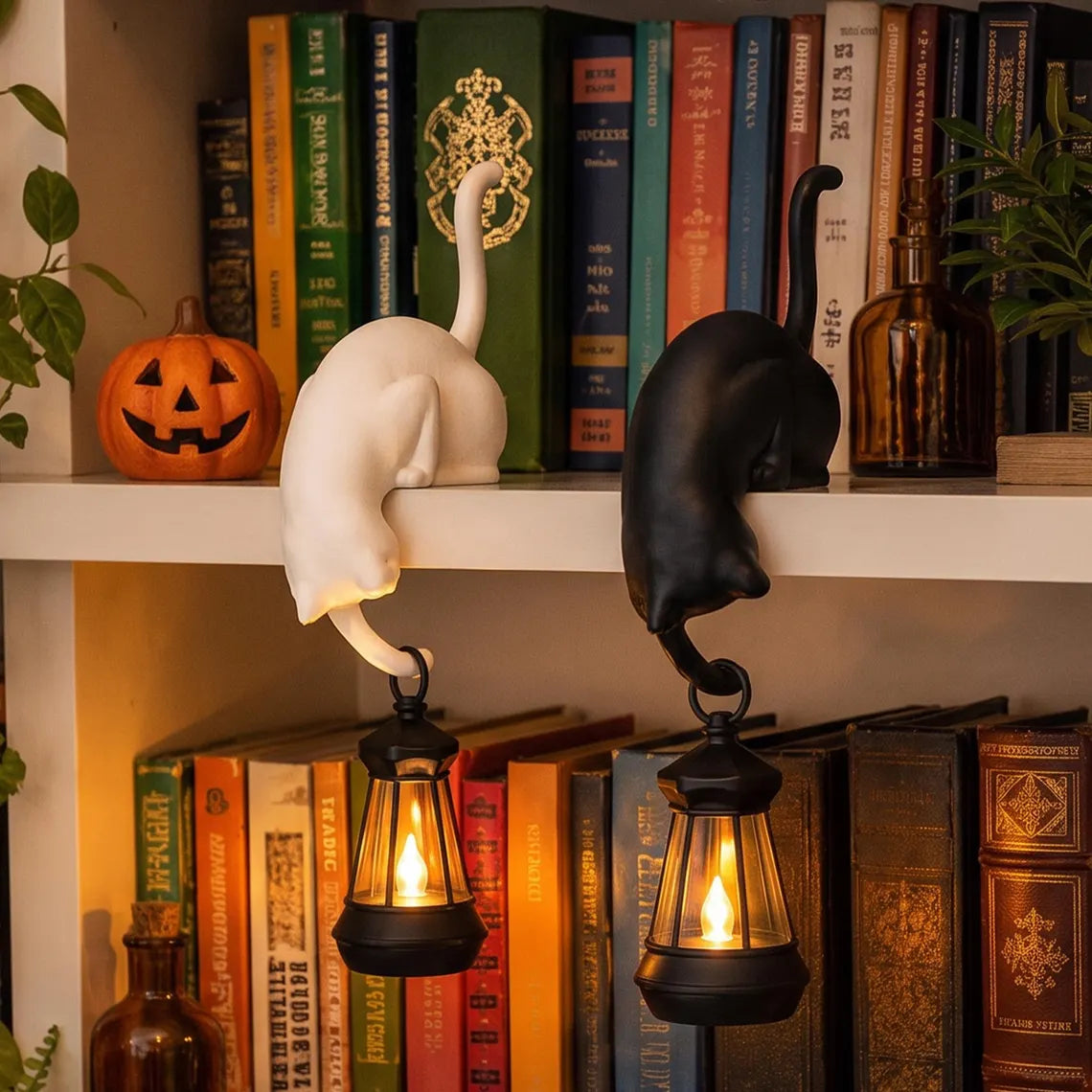 🐈‍Speelse kattenfiguur met LED-lantaarn voor op de boekenplank – Leuke decoratie voor je boekenplank en handige sleutelhaak