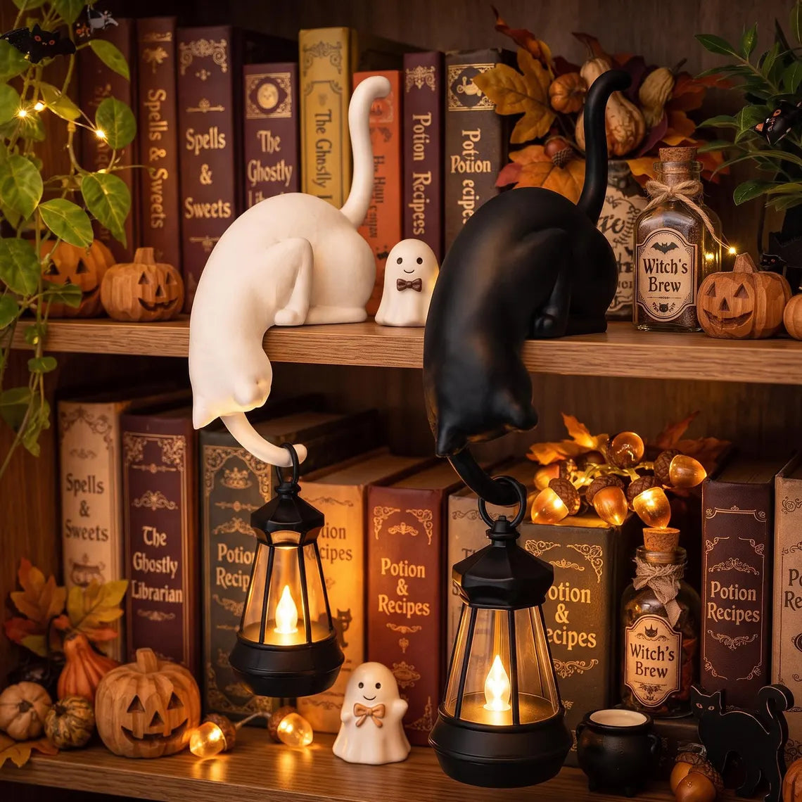 🐈‍Speelse kattenfiguur met LED-lantaarn voor op de boekenplank – Leuke decoratie voor je boekenplank en handige sleutelhaak