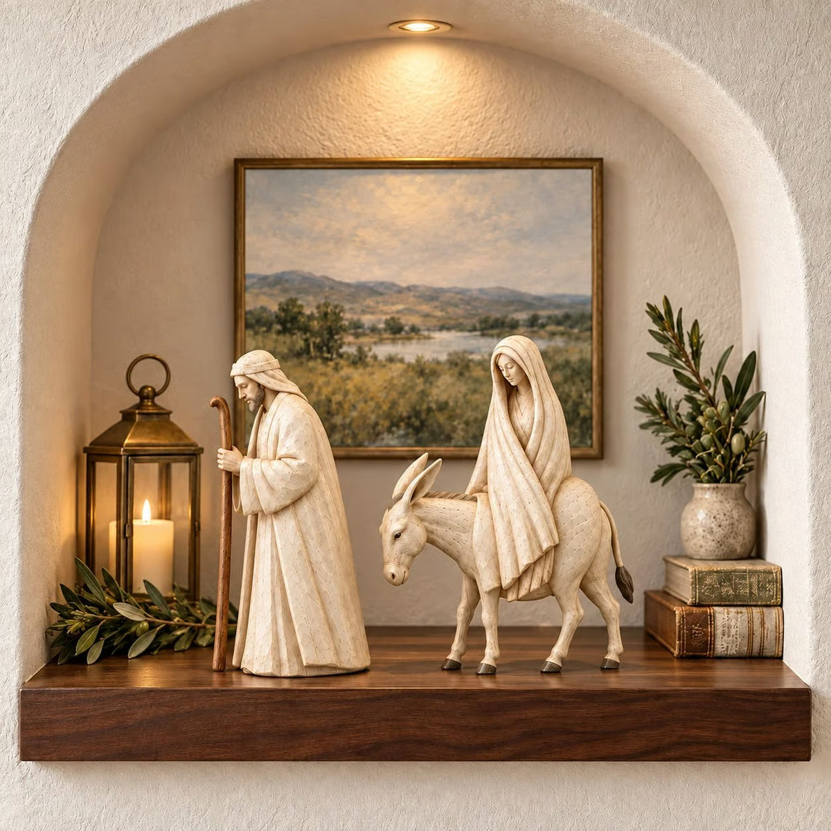 Kerstdecoratie met de titel "Heilige Reis" en "Kerststalbeeldjes" - Jozef en Maria op een ezel.