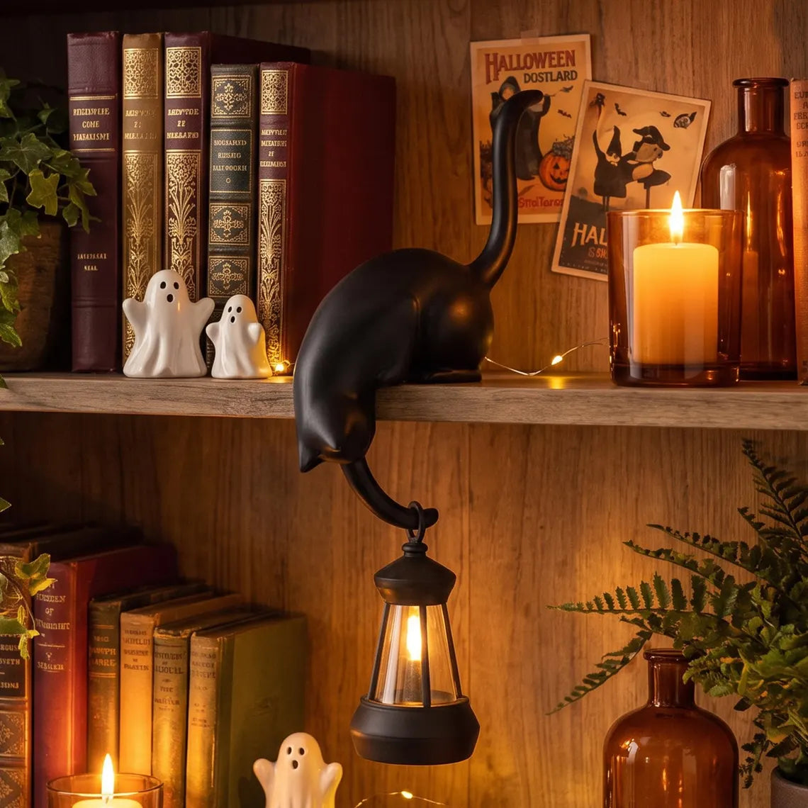 🐈‍Speelse kattenfiguur met LED-lantaarn voor op de boekenplank – Leuke decoratie voor je boekenplank en handige sleutelhaak