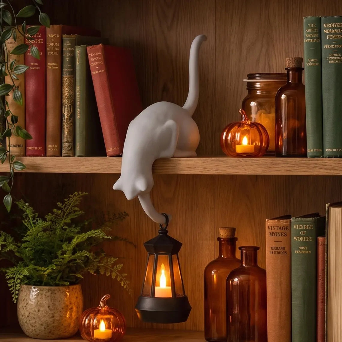 🐈‍Speelse kattenfiguur met LED-lantaarn voor op de boekenplank – Leuke decoratie voor je boekenplank en handige sleutelhaak