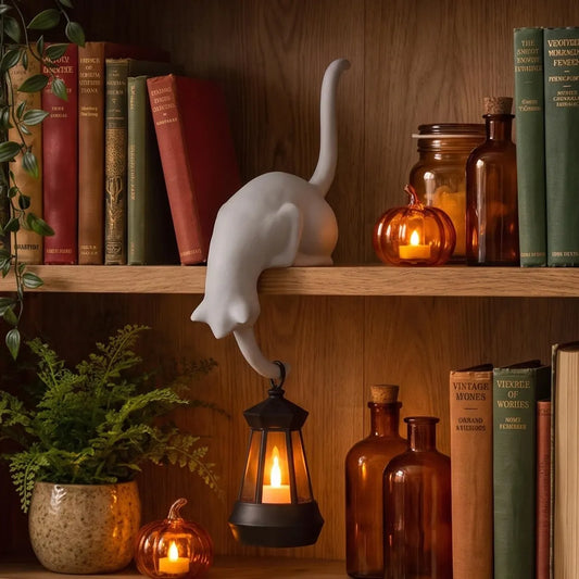🐈‍Speelse kattenfiguur met LED-lantaarn voor op de boekenplank – Leuke decoratie voor je boekenplank en handige sleutelhaak