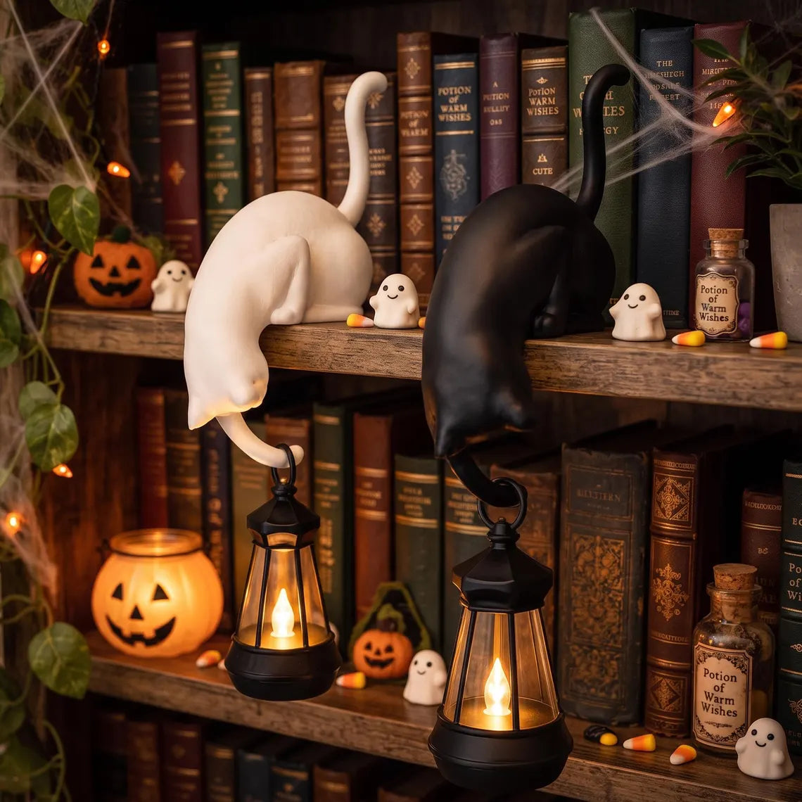 🐈‍Speelse kattenfiguur met LED-lantaarn voor op de boekenplank – Leuke decoratie voor je boekenplank en handige sleutelhaak